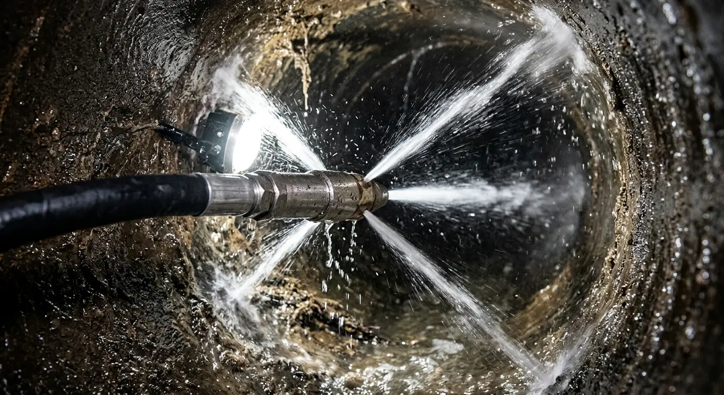 High-pressure hydro jetting nozzle cleaning sewer pipe for Emergency Drain Service in Brookings