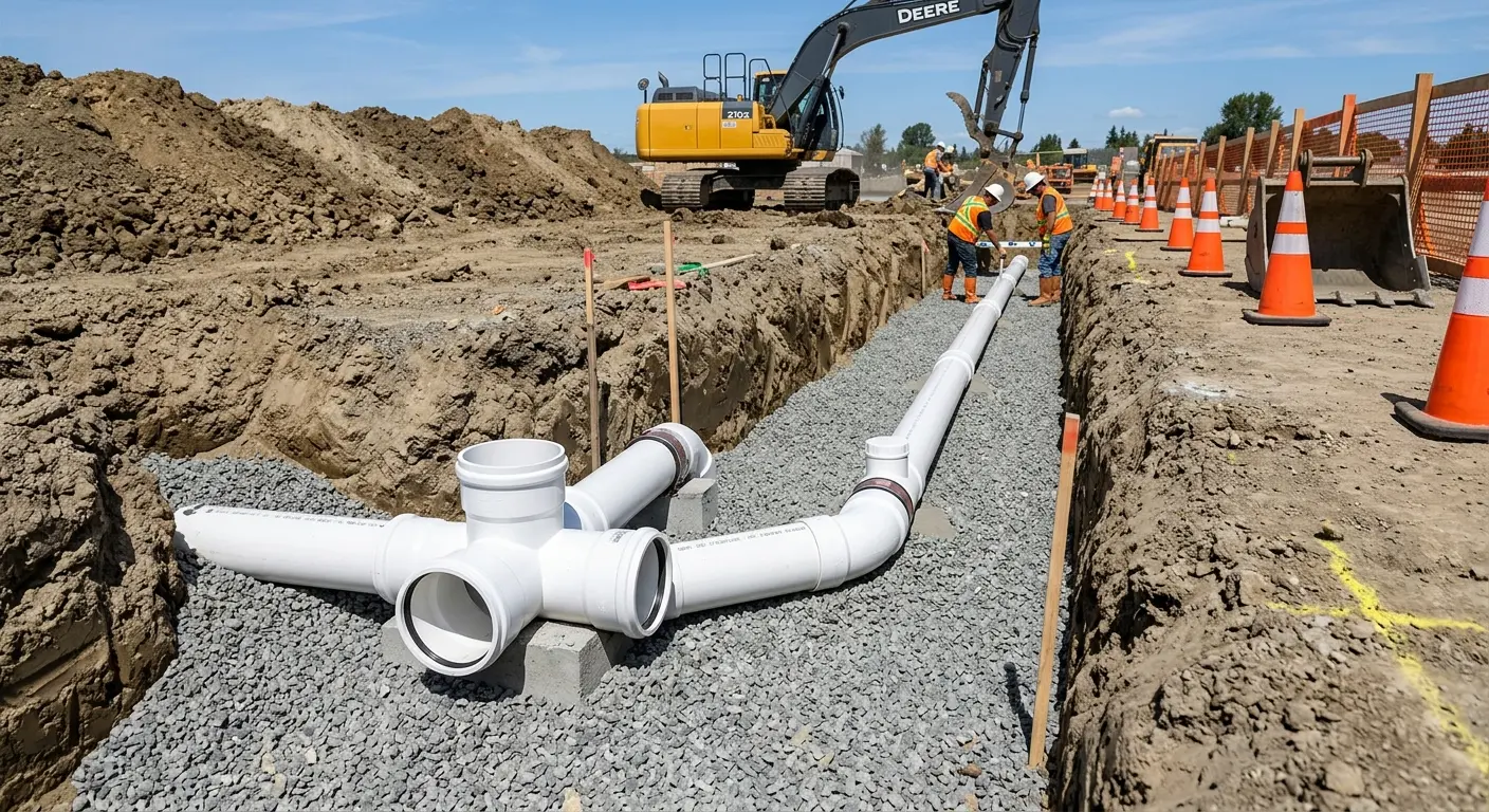 New PVC sewer pipe installation in open trench for Sewer Backup in Brookings
