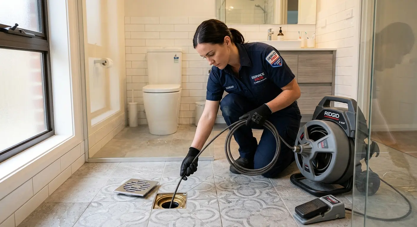 Technician clearing a bathroom floor drain for Sewer Line Replacement in Brookings